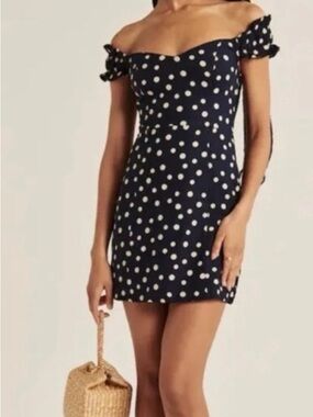 Abercrombie & Fitch Navy White Polka Dot Off-Shoulder Mini Dress